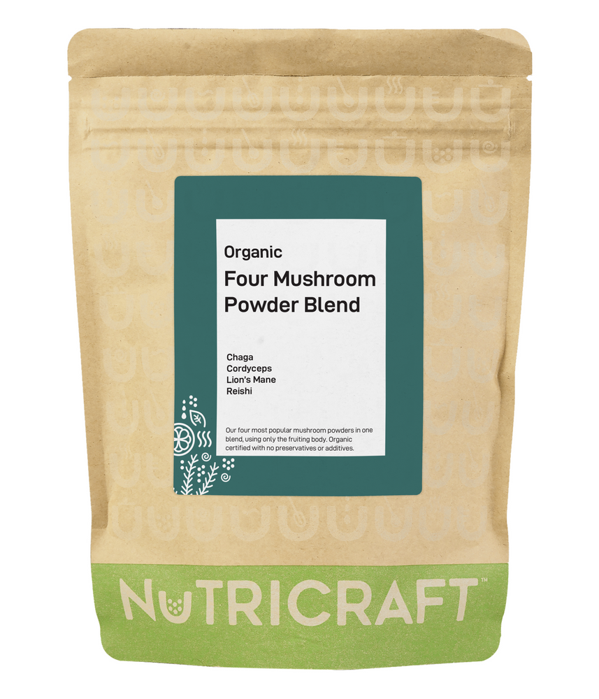 Organic Four Mushroom Blend Powder - 25% Lion's Mane, 25% Reishi, 25% Cordyceps, 25% Chaga